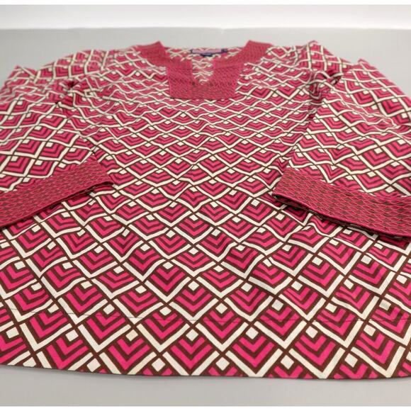 Vineyard Vines Peasant Top Womens XS Pink Geo Print Tunic Embroidered Mod 70s - Picture 11 of 15